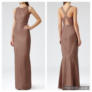 REISS Brown Hedra 100% Sheep Leather Formal Maxi Dress Size 6